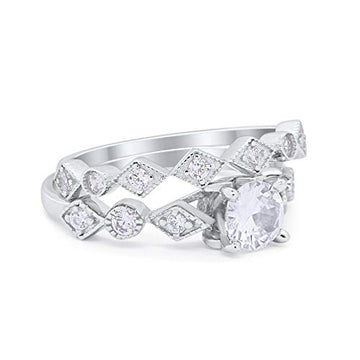 Two Piece Bridal Set Engagement Ring Simulated CZ 925 Sterling Silver
